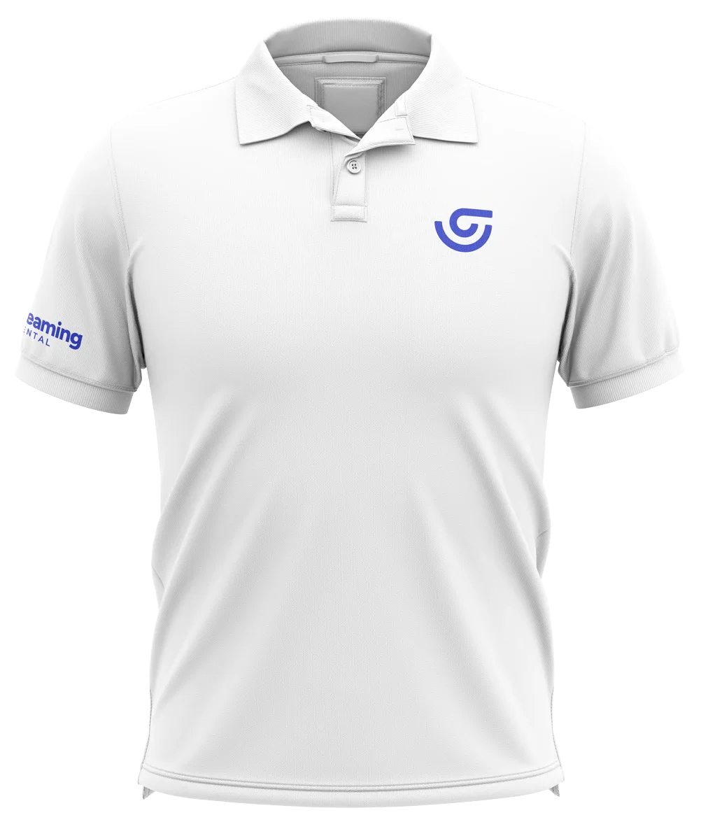 White polo shirt with blue symbol