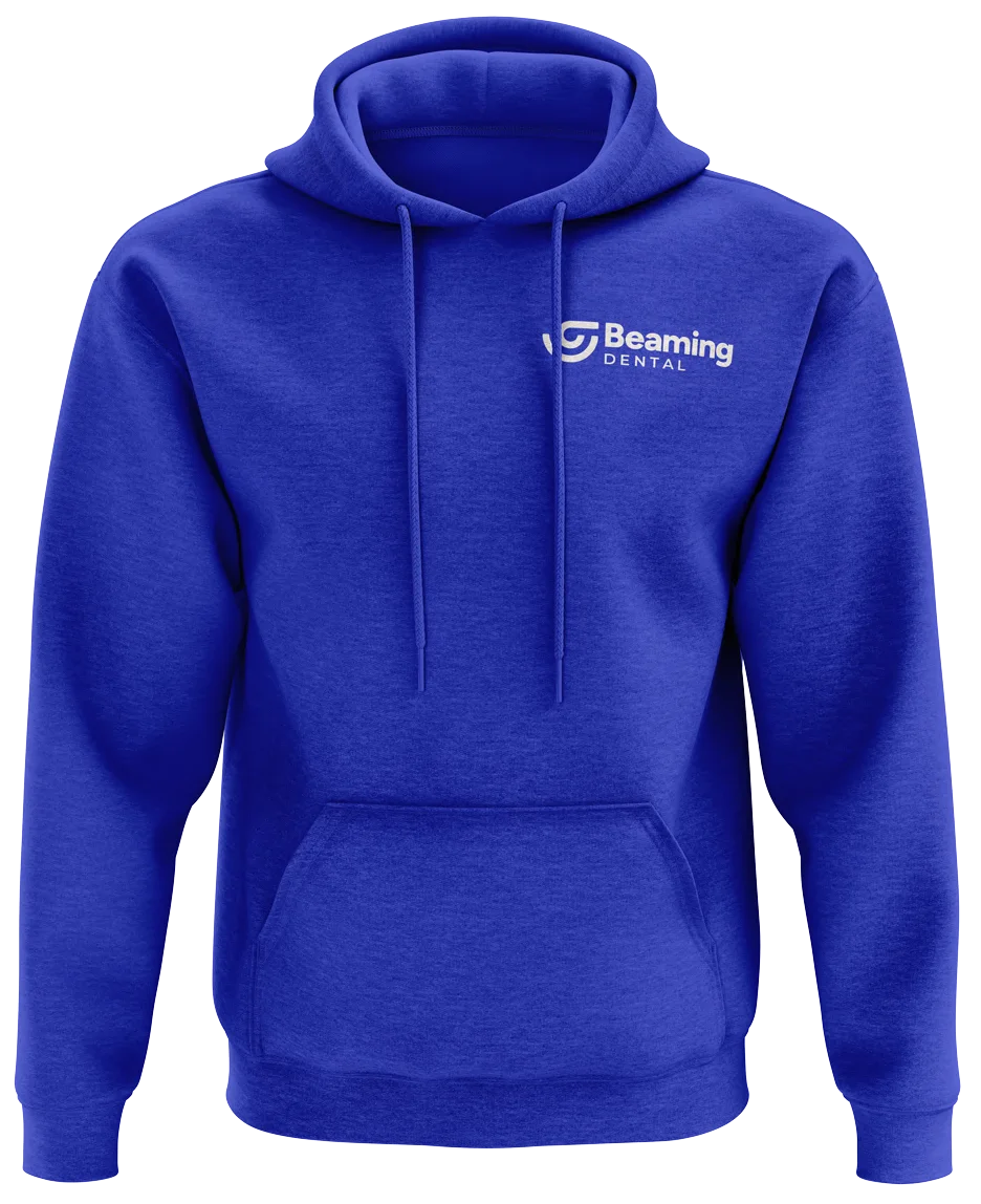Beaming Blue hoodie with white horizontal logo