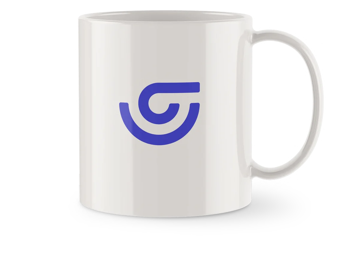White mug with blue symbol